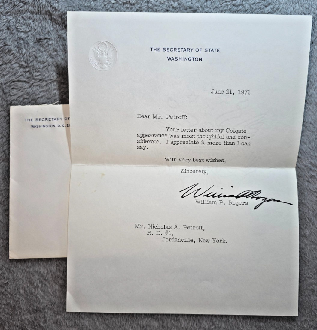 1971 William P. Rogers SIGNED Secretary of State Letter Nicholas Petroff Envelop