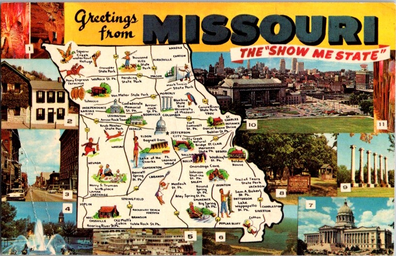 Postcard Greetings from Missouri Show Me State MO Map with Points Interest I-182