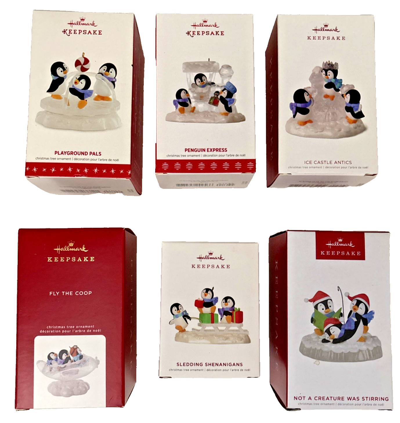 Lot 6 Hallmark Keepsake Penguin Ornament Playground Sledding Ice Castle Fly Coop