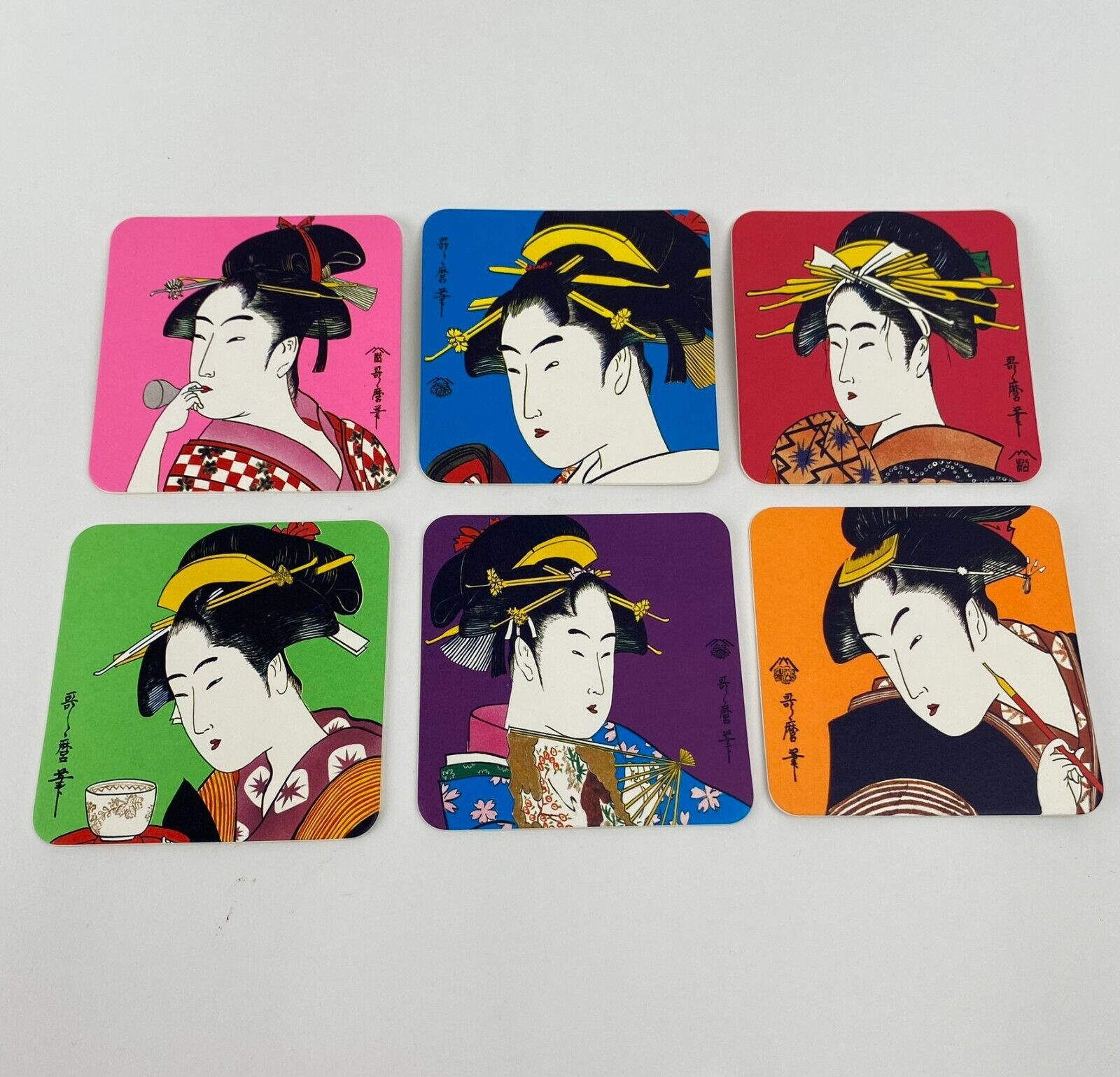 Vintage Japanese Geisha Coasters Set 6 Utamaro Ukiyo E Art Boxed Made in Japan