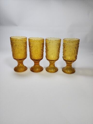Set of 4 VTG BROCKWAY GLASS CO CONCORD ANCHOR DRINKING GLASS FOOTED GOBLETS 10Z