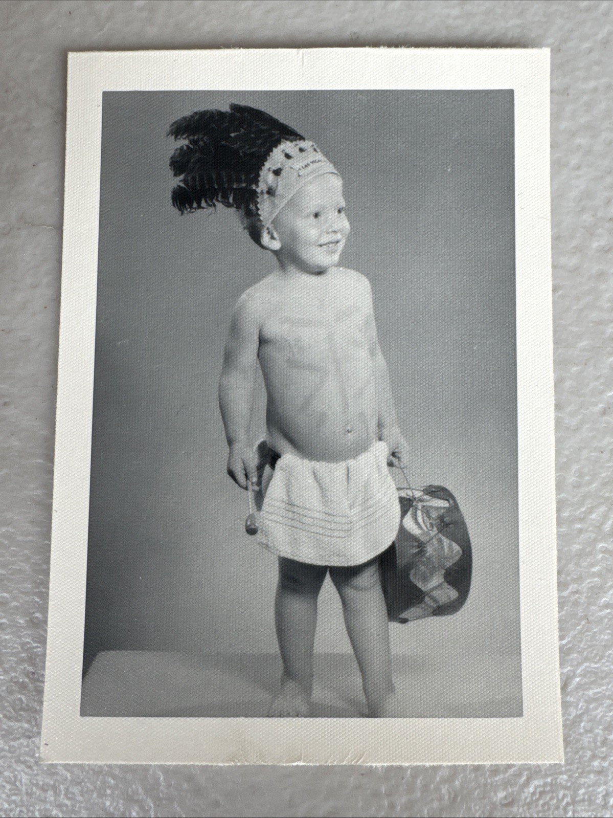 Vintage 1940s-60s B&W Snapshot Toddler Boy Native American Costume w/ Drum