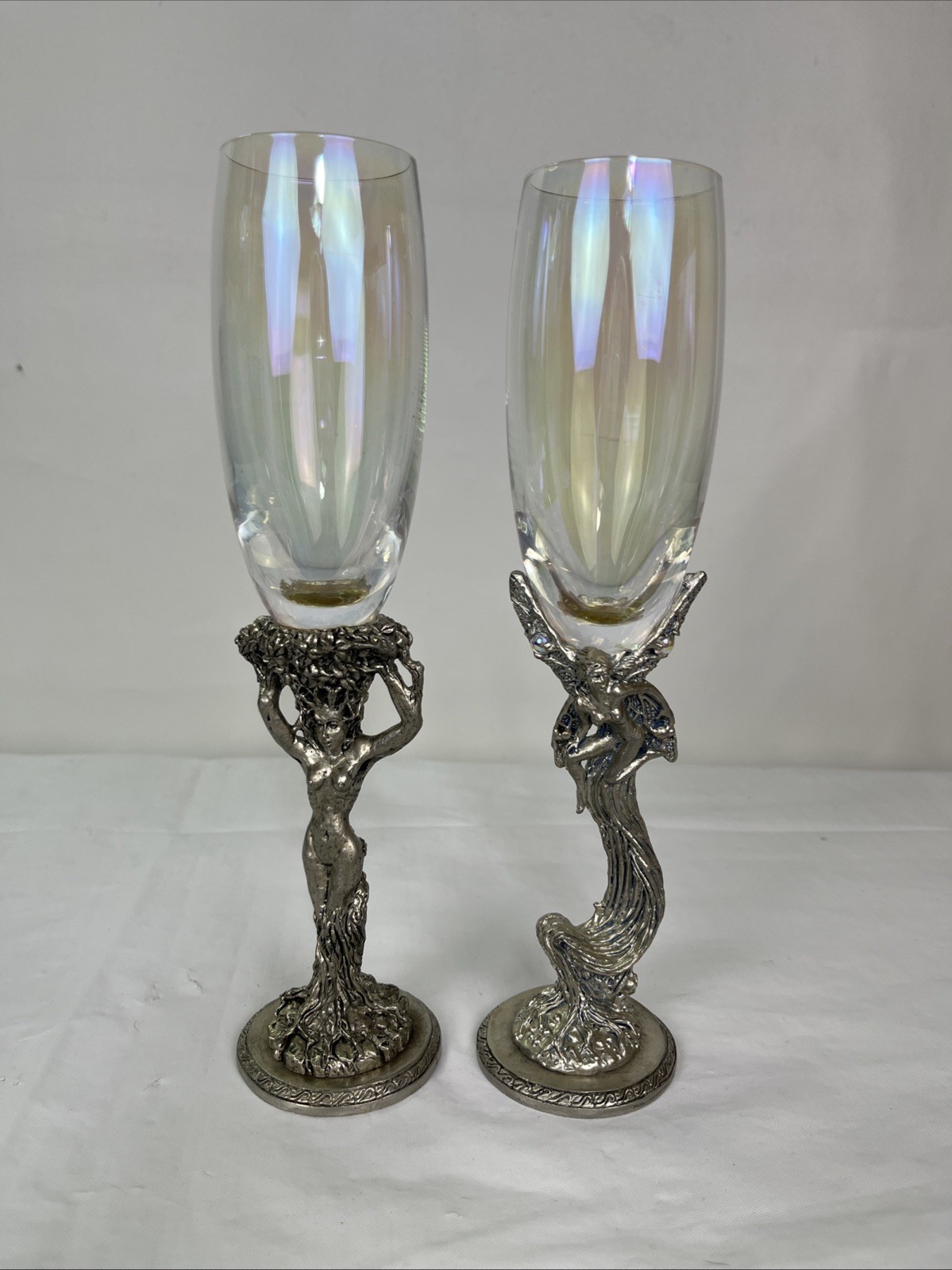 Vintage Fellowship Foundry Pewter Champagne Flutes Pair 1996 Fairy Nymph Glasses