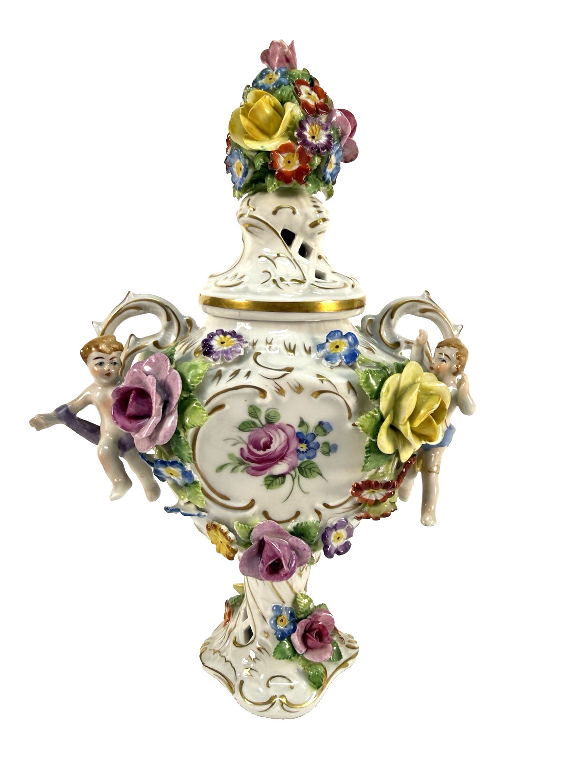 Antique Von Schierholz Porcelain Lidded Urn Dresden Cherub Cabinet Vase 1907