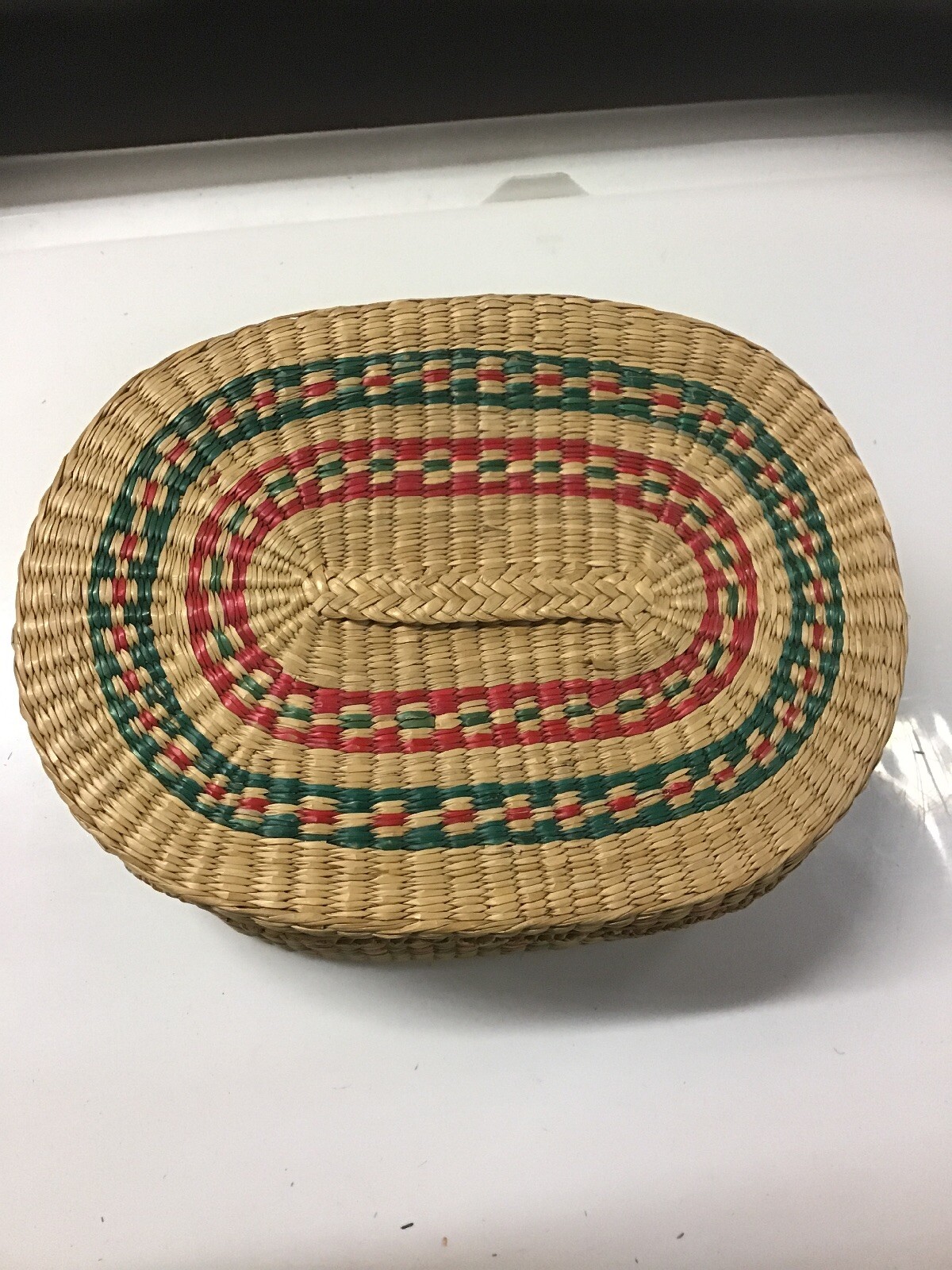 Vintage Oblong Lidded Basket Tight Weaved 