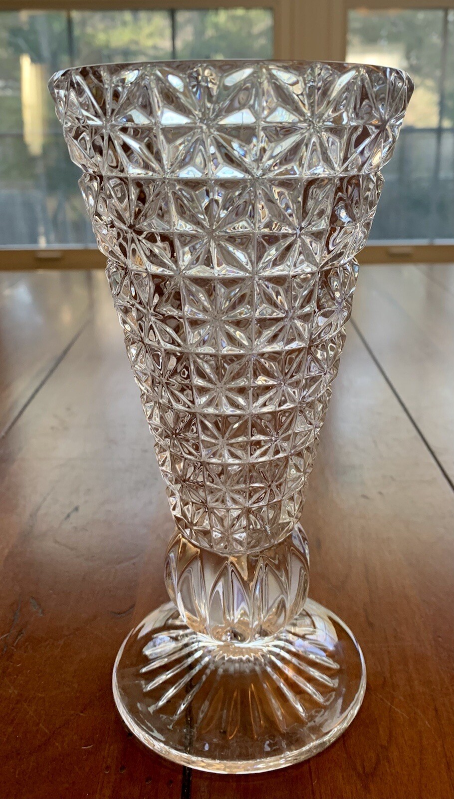 Vintage Heavy Clear Pressed Glass Trumpet Vase Star & Square Pattern 8
