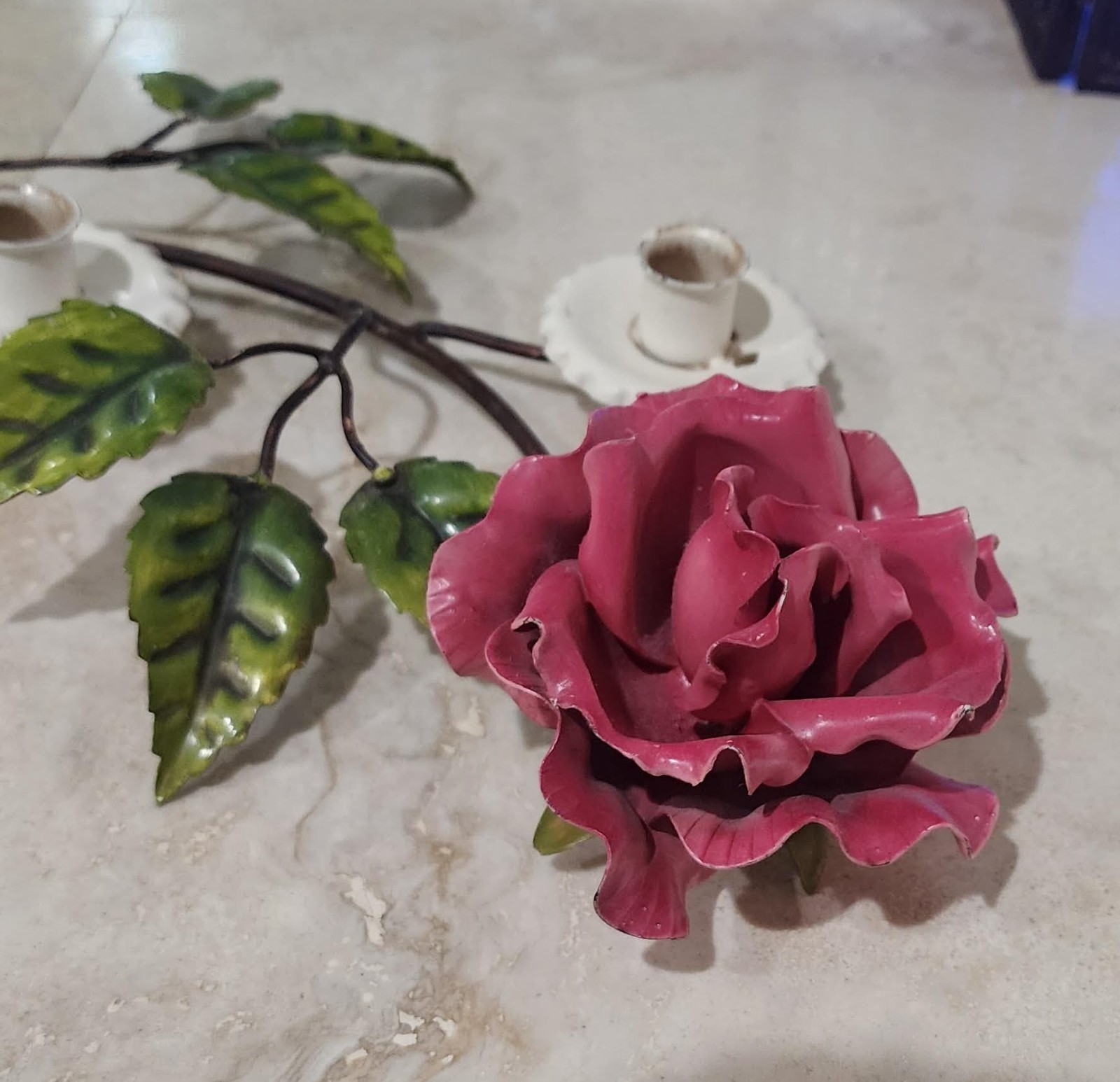 Vintage Italian Tole Metal Rose Candlestick Hollywood Regency Candelabra 18\