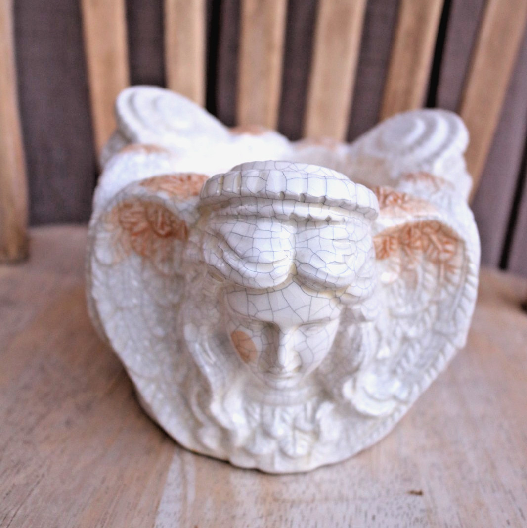 Vintage Three Face Muses Neoclassical Ceramic Crackle Glaze Pillar Candle Stand