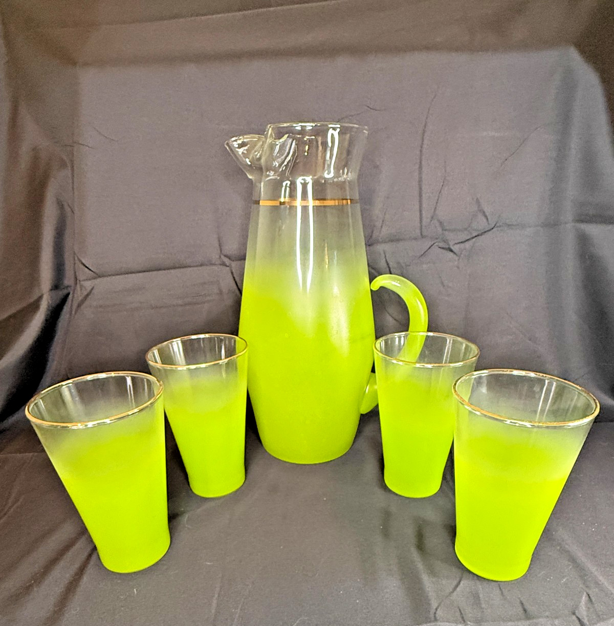 Vintage West Virginia Glass Blendo Frosted Pitcher & Hi-Ball Luster Glasses MCM
