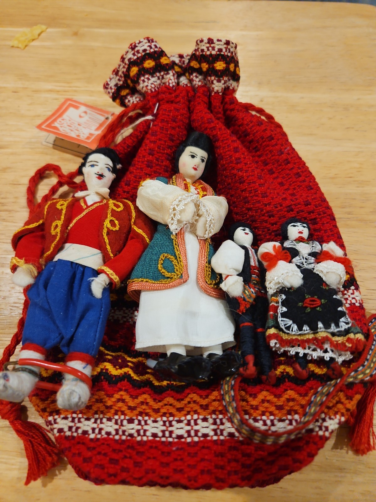 Vintage 1970s Bulgarian Folk Art Dolls Set-4 w/Original Woven Drawstring Bag&Tag Vintage 1970s Bulgarian Folk Art Dolls Set-4 w/Original Woven Drawstring Bag&Tag
