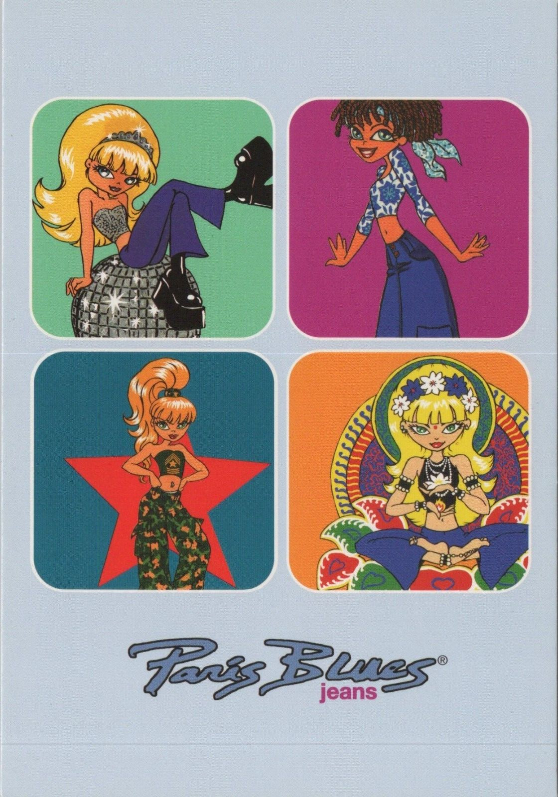 Paris Blues Jeans Cartoon Disco Girl 70s Fashion Promo postcard RC