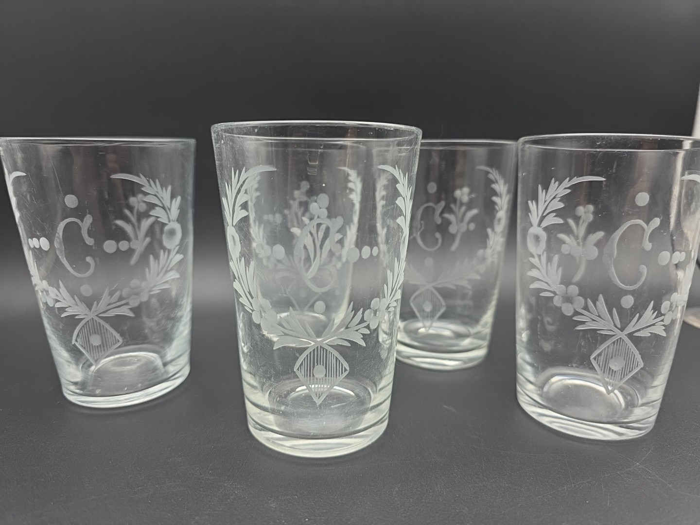 5x Antique Hand Made Engraved Flowers Letter C Tumblers Water Glasses