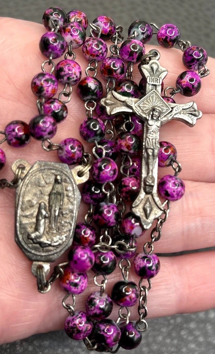 VTG Our Lady of Lourdes Rosary Purple Marbled Glass Bead Silver Tone 26” VTG Our Lady of Lourdes Rosary Purple Marbled Glass Bead Silver Tone 26”