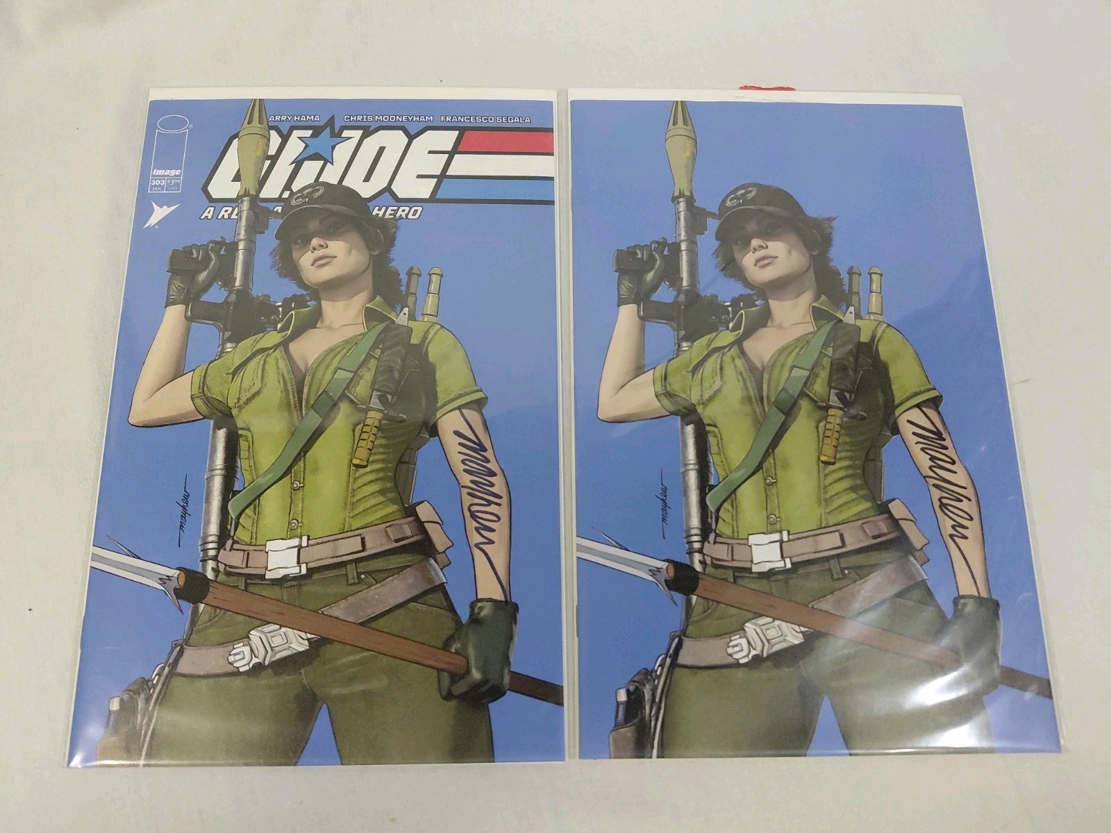 GI JOE REAL AMERICAN HERO #303 Mike Mayhew 2-BOOK SET Trade Virgin SIGNED 1st Pt