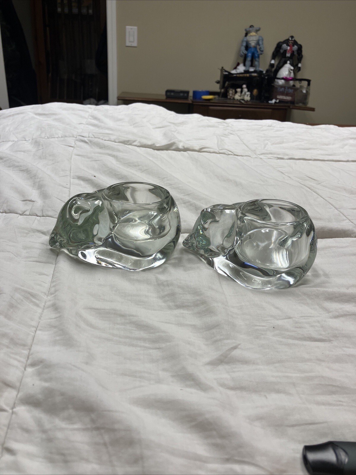 NOS VTG Indiana Glass Clear Glass Sleeping Kitty Cat Votive Candle Holders (2)