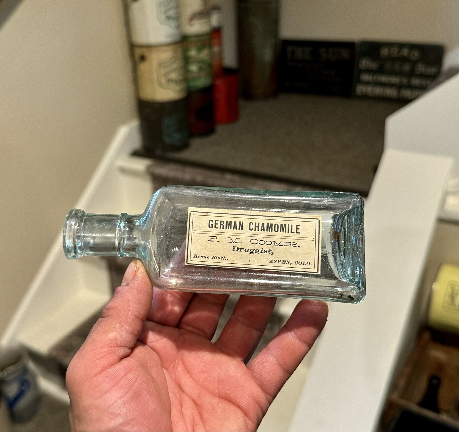 German Chamomile F M Coombs Druggist Aspen CO Colorado Labeled Medicine Bottle German Chamomile F M Coombs Druggist Aspen CO Colorado Labeled Medicine Bottle