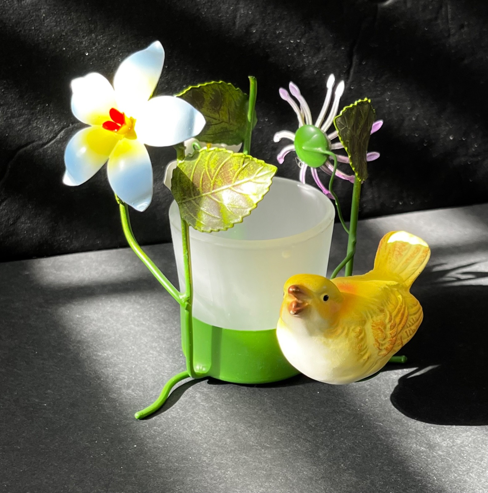 Vintage Petite Choses USA Metal Toleware Votive Holder Flowers Bird FrostY Glass