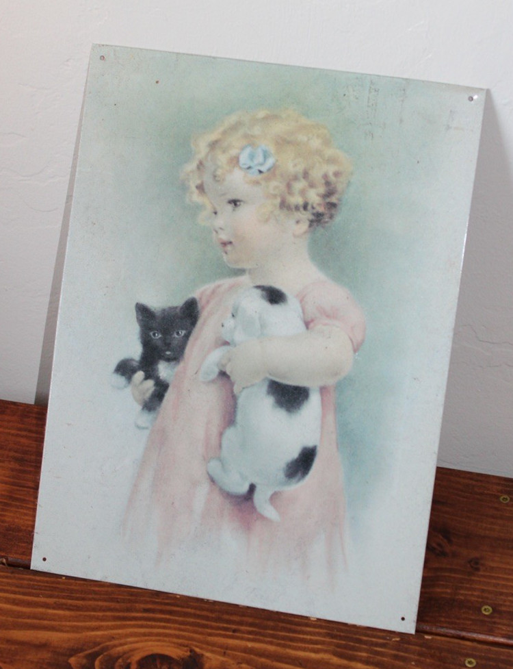 Vintage Metal Poster Bessie Pease Gutmann Rare #215 Holding Cat & Dog Print USA