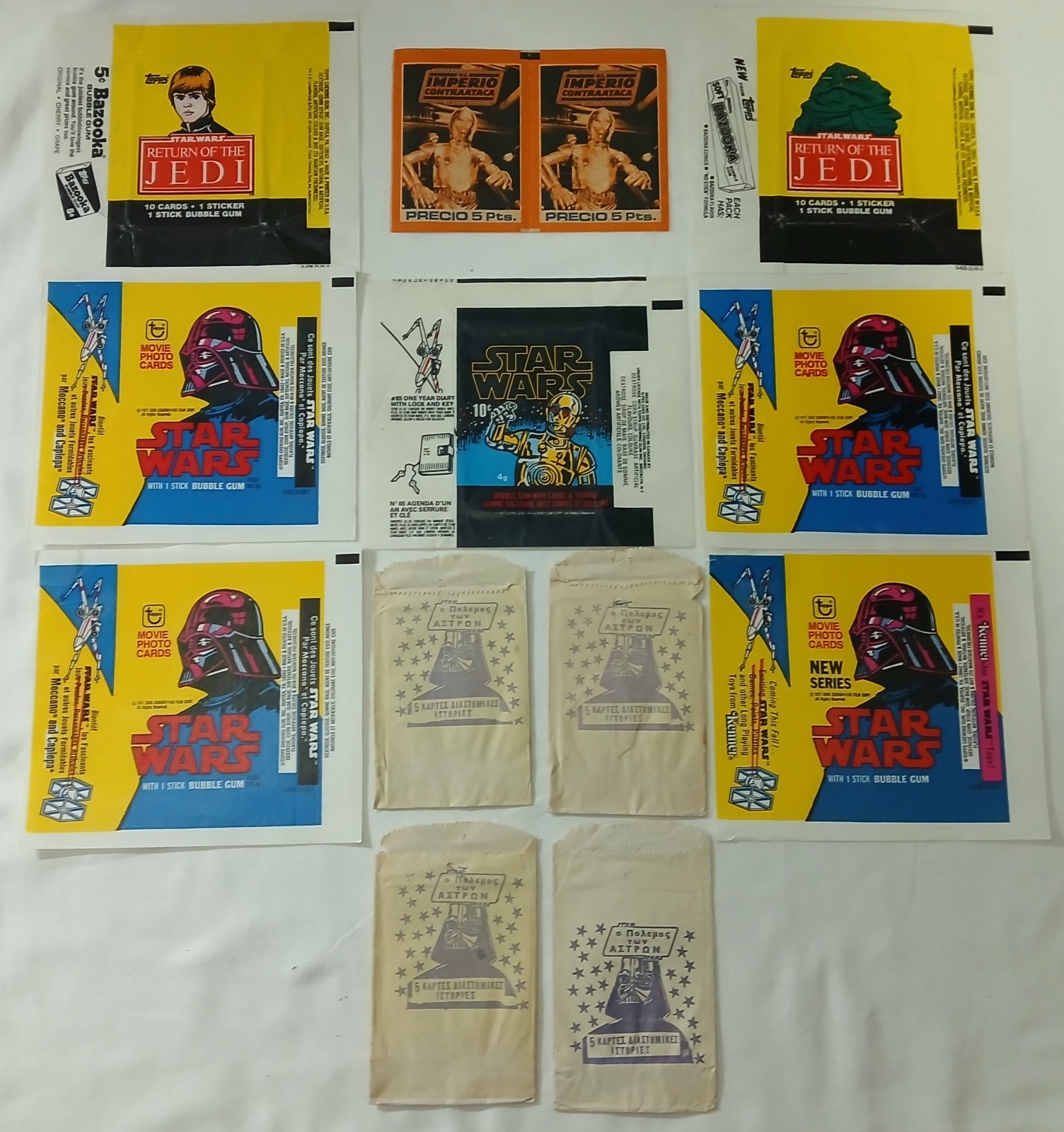 Vintage Star Wars Bubble Gum Wrapper Lot 13pc Topps OPC Greek El Imperio French Vintage Star Wars Bubble Gum Wrapper Lot 13pc Topps OPC Greek El Imperio French