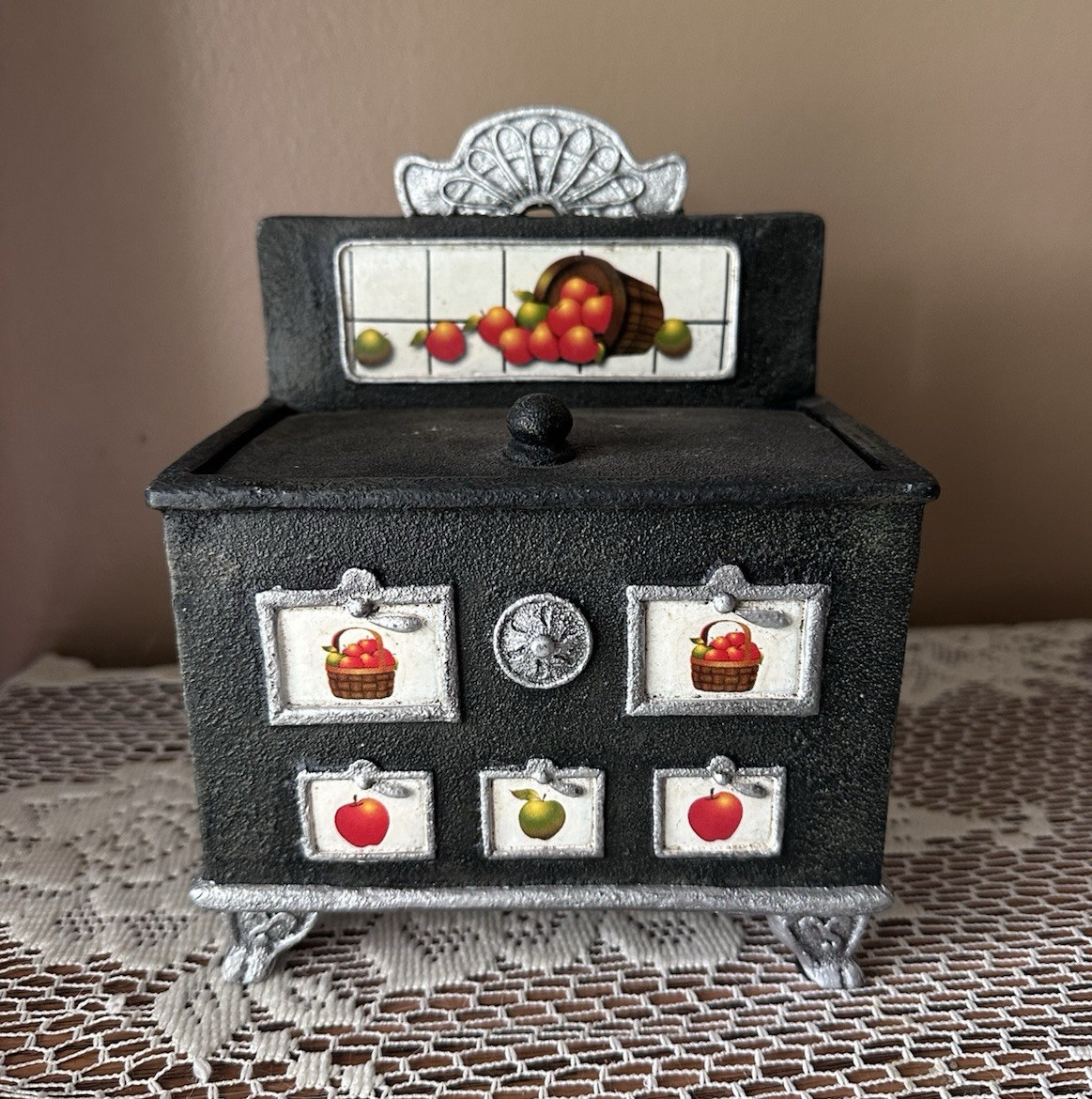 vintage black stove-shaped recipe box featuring apples