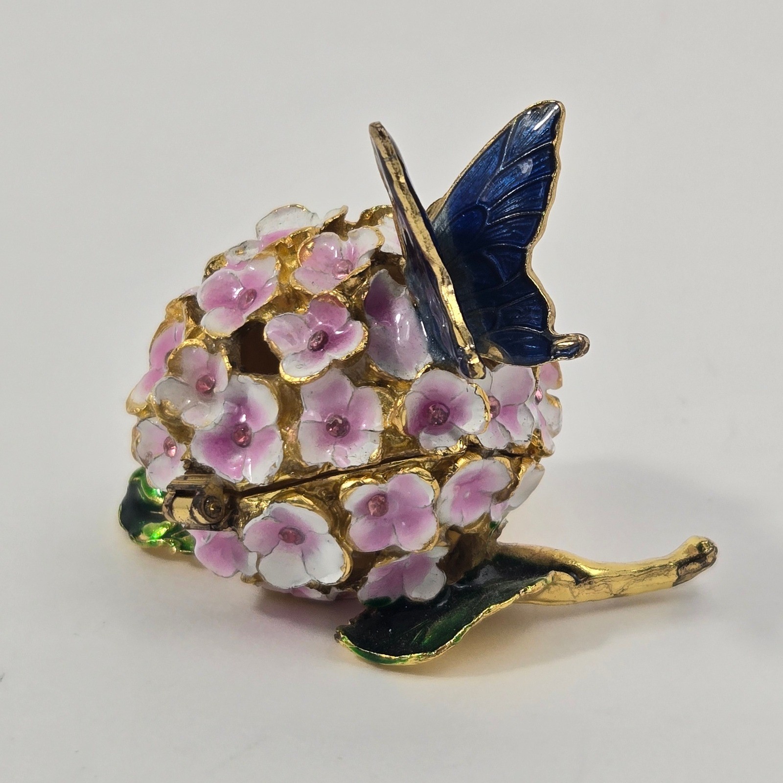 Enamel Hydrangea Trinket Box Blue Butterfly Pink Flower Hinged Jewelry Case Enamel Hydrangea Trinket Box Blue Butterfly Pink Flower Hinged Jewelry Case