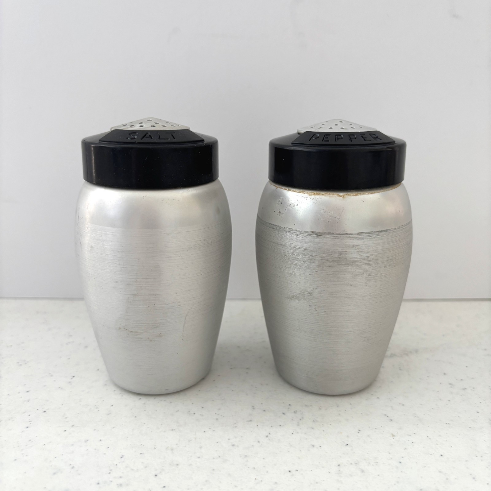 Vintage Kromex Spun Aluminum Salt Pepper Shakers Silver Black Retro MCM