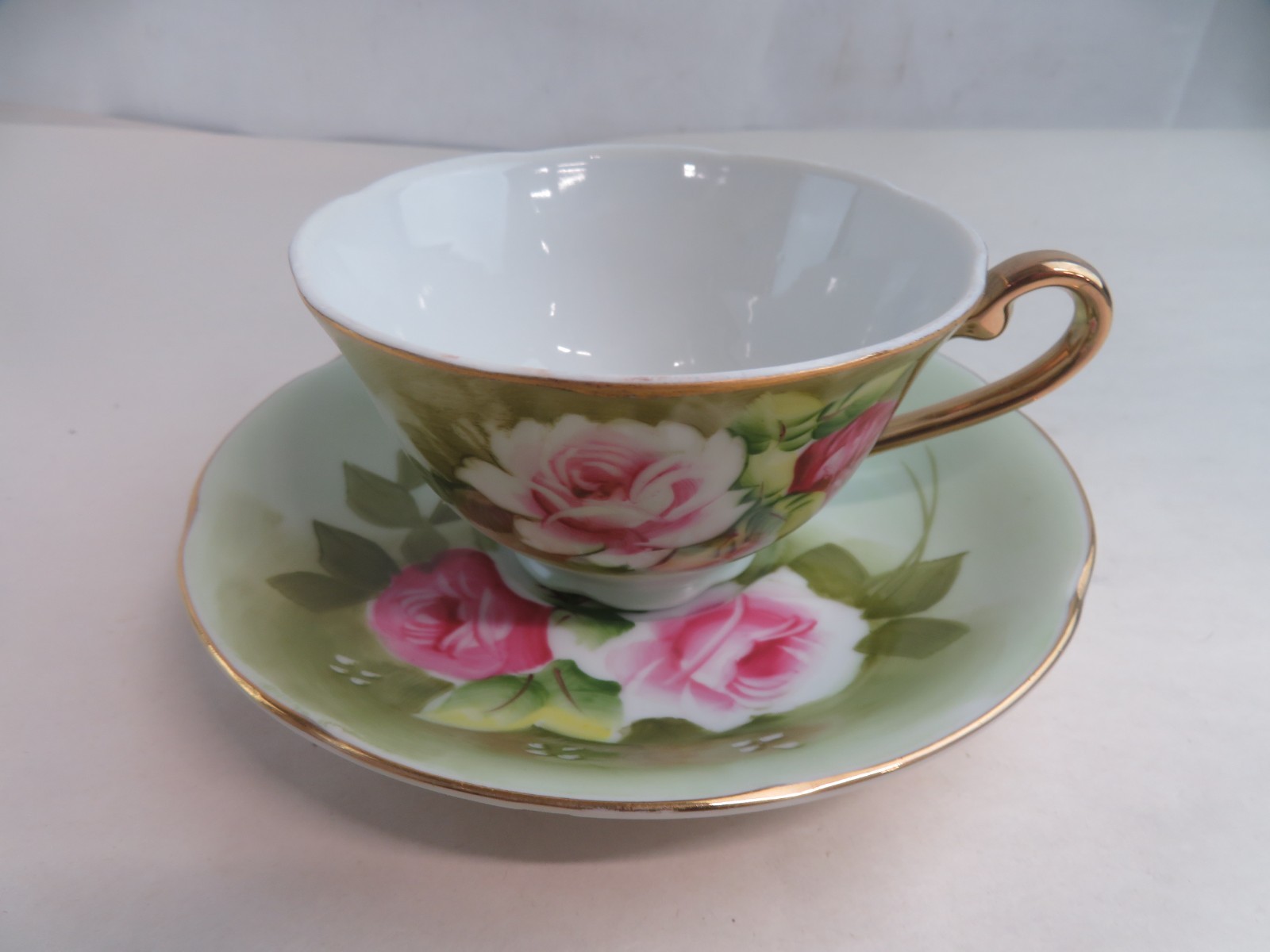Vtg Lefton China Hand Painted Rose Floral Tea Cup & Saucer Set Gold Trim 5680