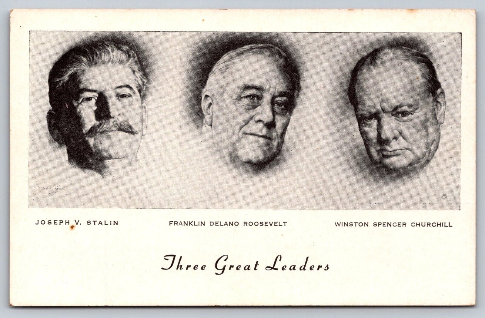 WW2 1940's FDR Postcard, Photo of Roosevelt, Stalin & Churchill