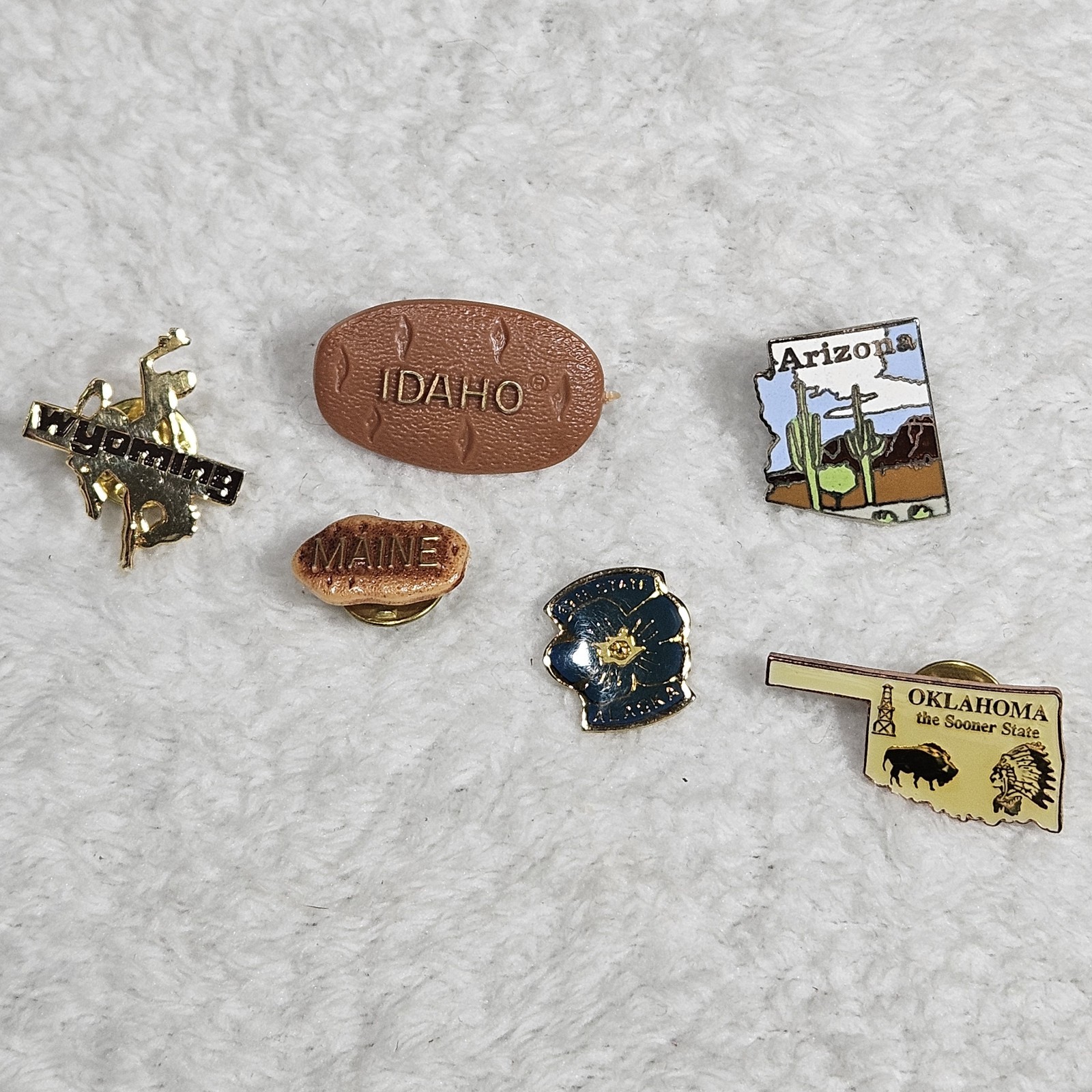 Vintage State Souvenir Lapel Pin Lot of 6 Idaho Potato Maine Wyoming Oklahoma AZ Vintage State Souvenir Lapel Pin Lot of 6 Idaho Potato Maine Wyoming Oklahoma AZ