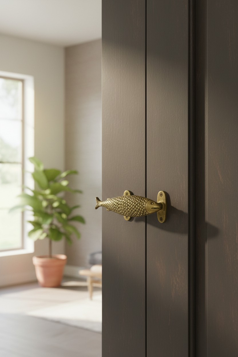 Antique Fish Design Door Handle Pair | Brass Dresser Cabinet Pulls Handle