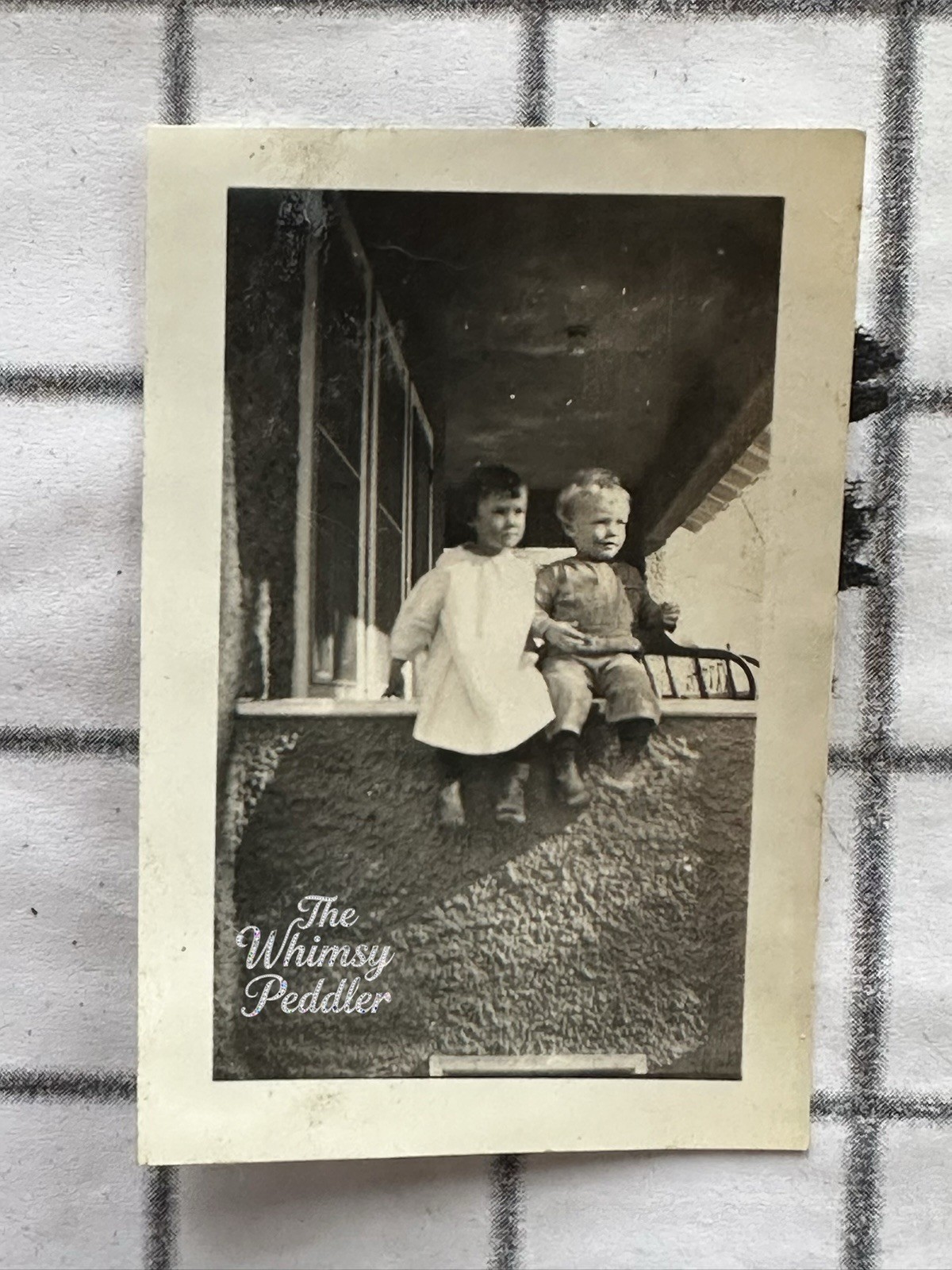Antique Photo Two Children Sitting on Porch Ledge Siblings c1910s