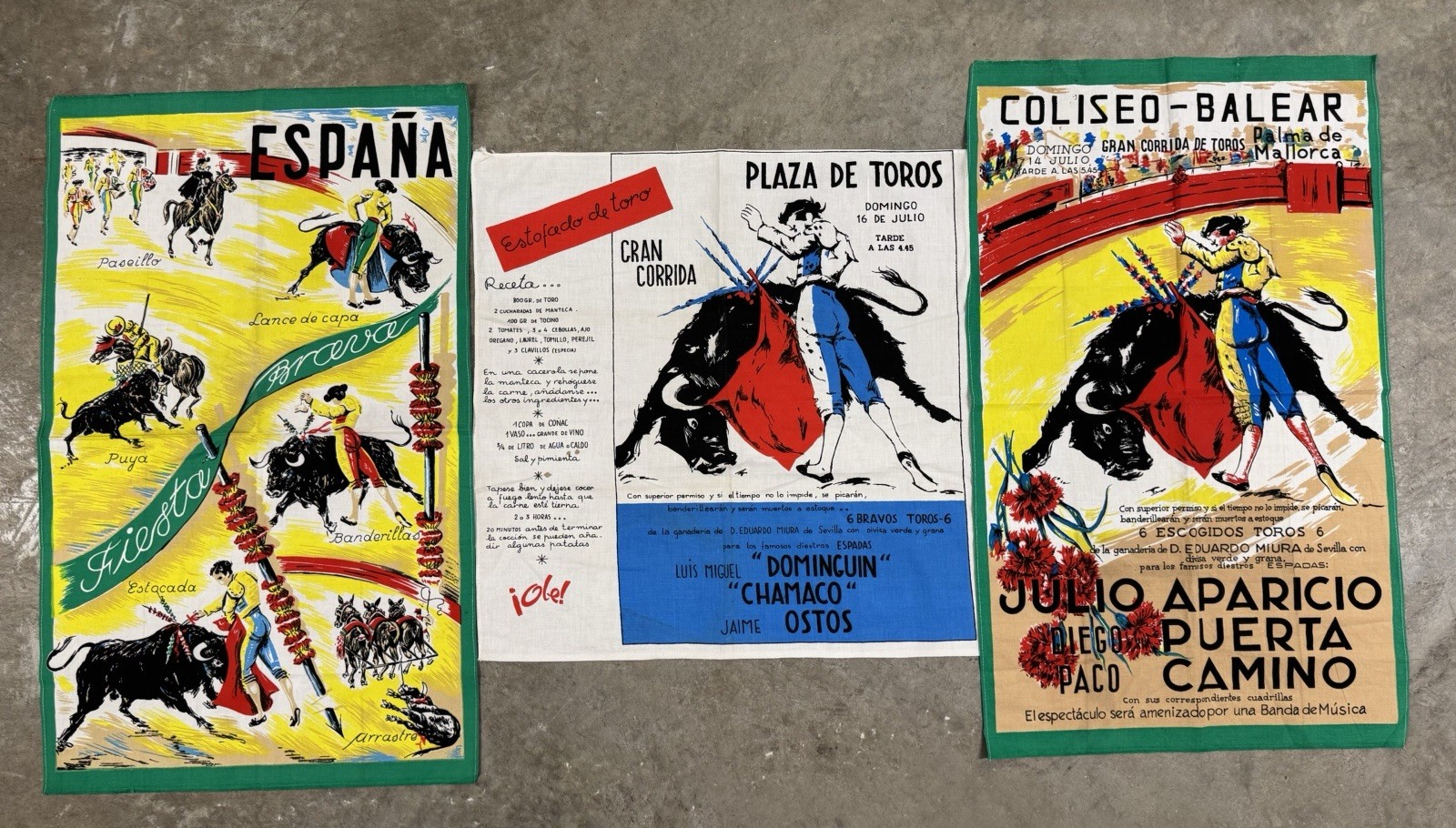 Vintage Bullfighting Poster Tea Towel Souvenir Lot Spain 1950s Mid Century Art