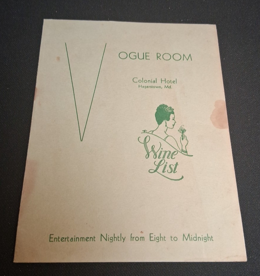 Vintage Vogue Room Colonial Hotel Hagerstown Maryland 1940s era Drink Bar Menu