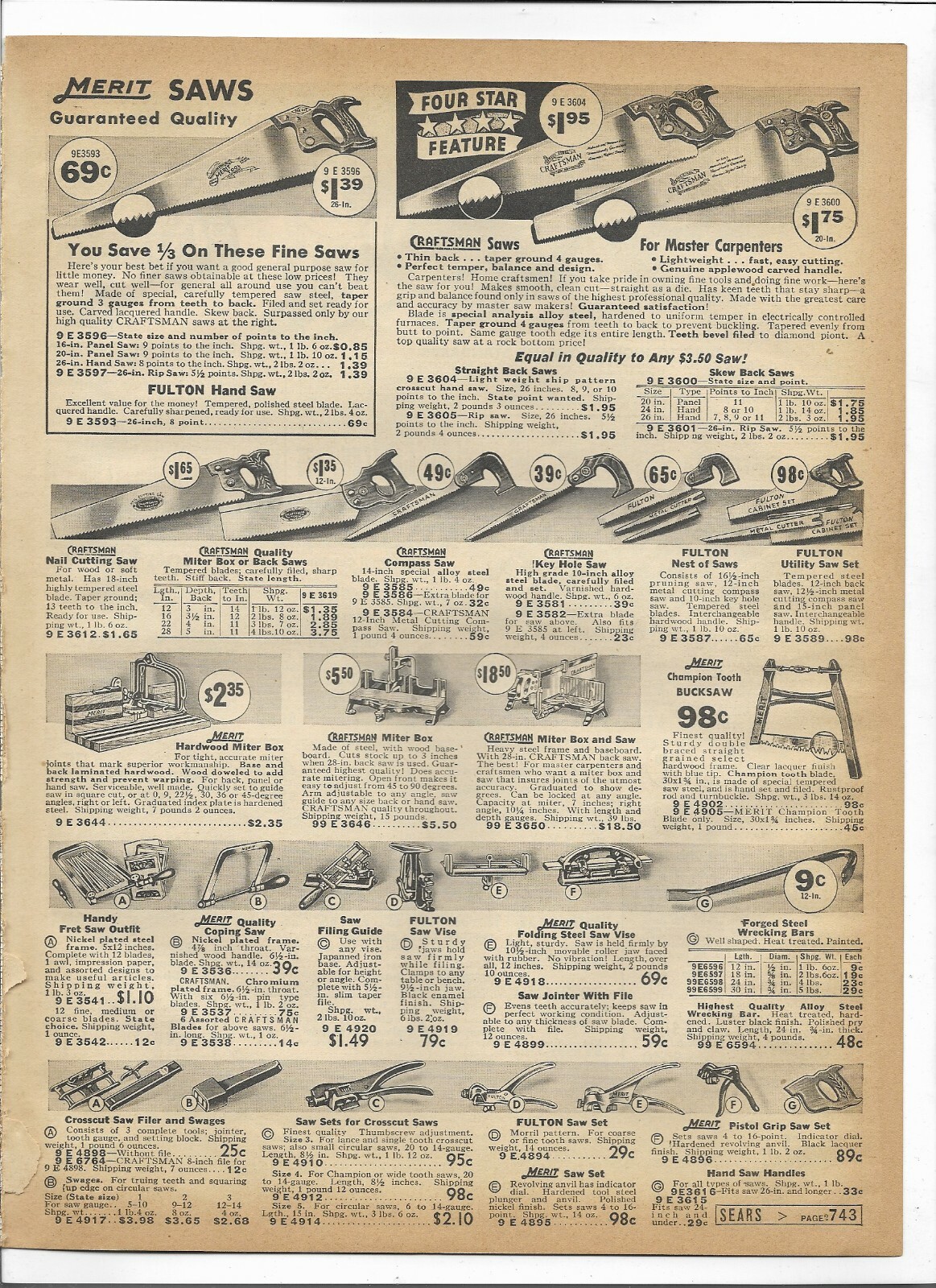1937 Sears Catalog Ad Page Merit Craftsman Saw Planes Chisels Ax Hachet Level