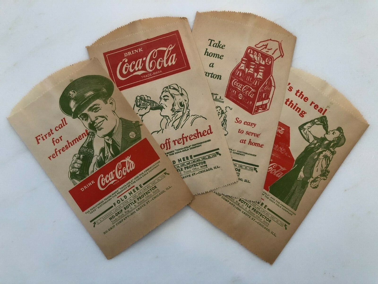 4 1940s COCA-COLA NO-DRIP Bottle Protector WWII Pilot Soldier Vintge Advertising