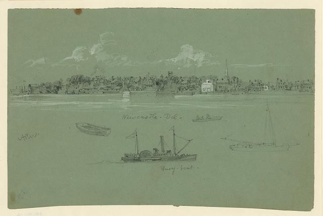 Photo:Newcastle Delaware 1860s Water View Ship Buoy Boat Cityscape Waud