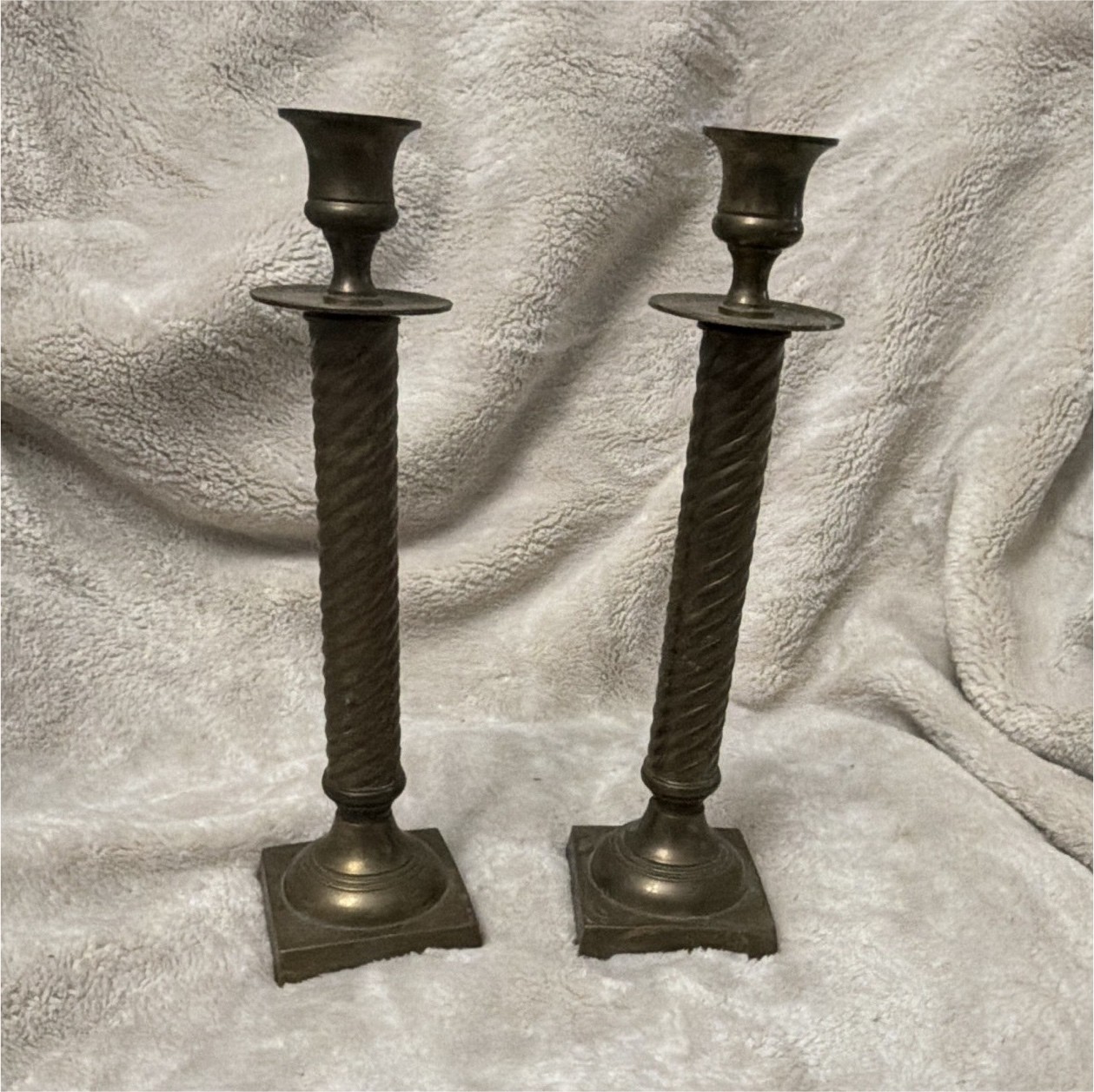 Silver Metal Twisted Square Column Taper Candle Holders Pair, Made in India