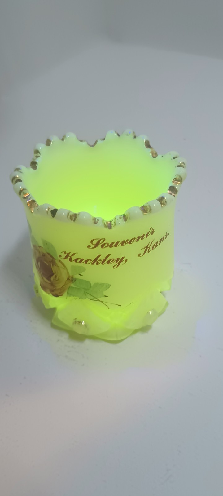 Antique Custard Uranium Glass Souvenir Hackley, Kansas Antique Custard Uranium Glass Souvenir Hackley, Kansas