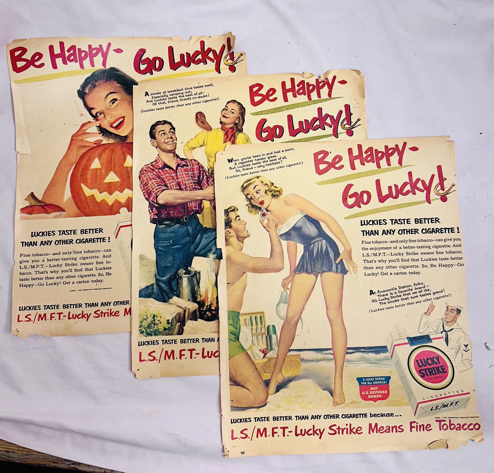 3 Vintage Lucky Strike Cigarette Ads 1940s WWII Halloween Pinup Tobacco Lot