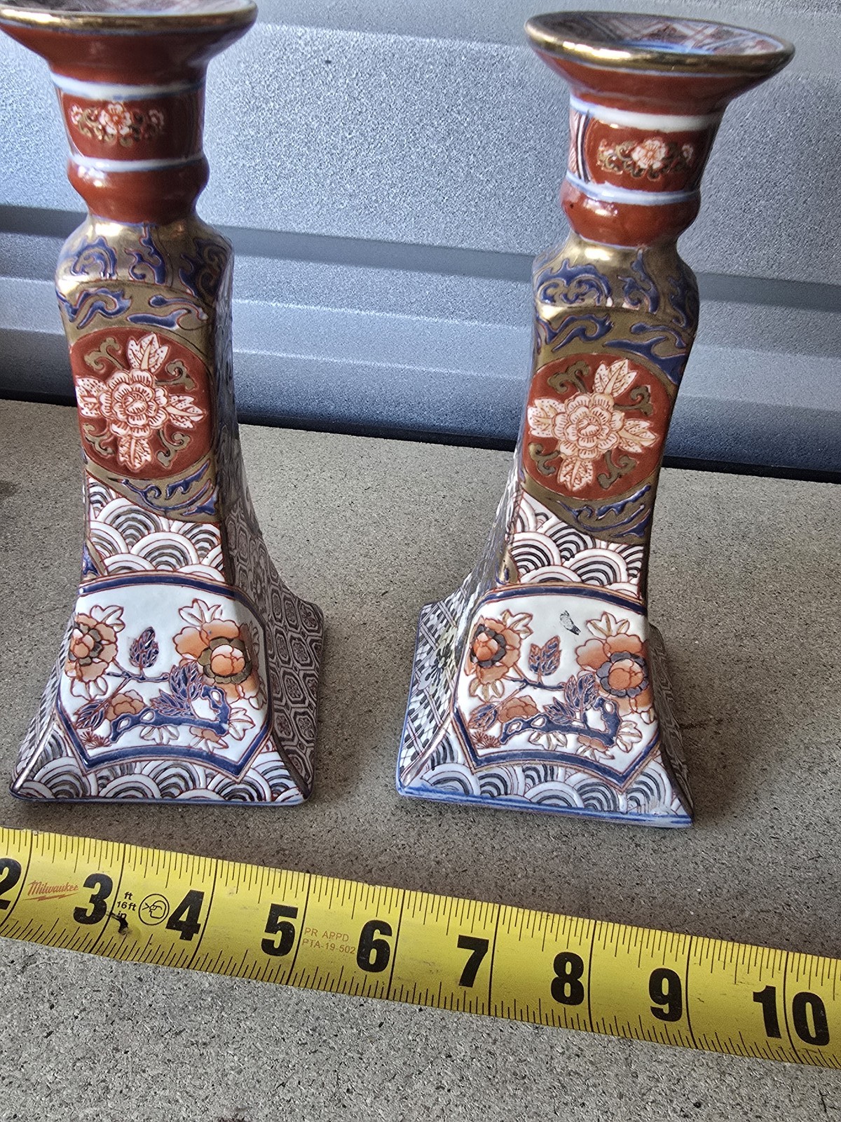 Vintage Imari Style Porcelain Candlestick Holders Pair Gold Floral Made Macau