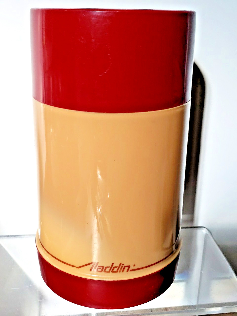 Vtg 1970s Aladdin Pint Wide Mouth Thermos Burgundy &Tan Block Design Stopper Cup