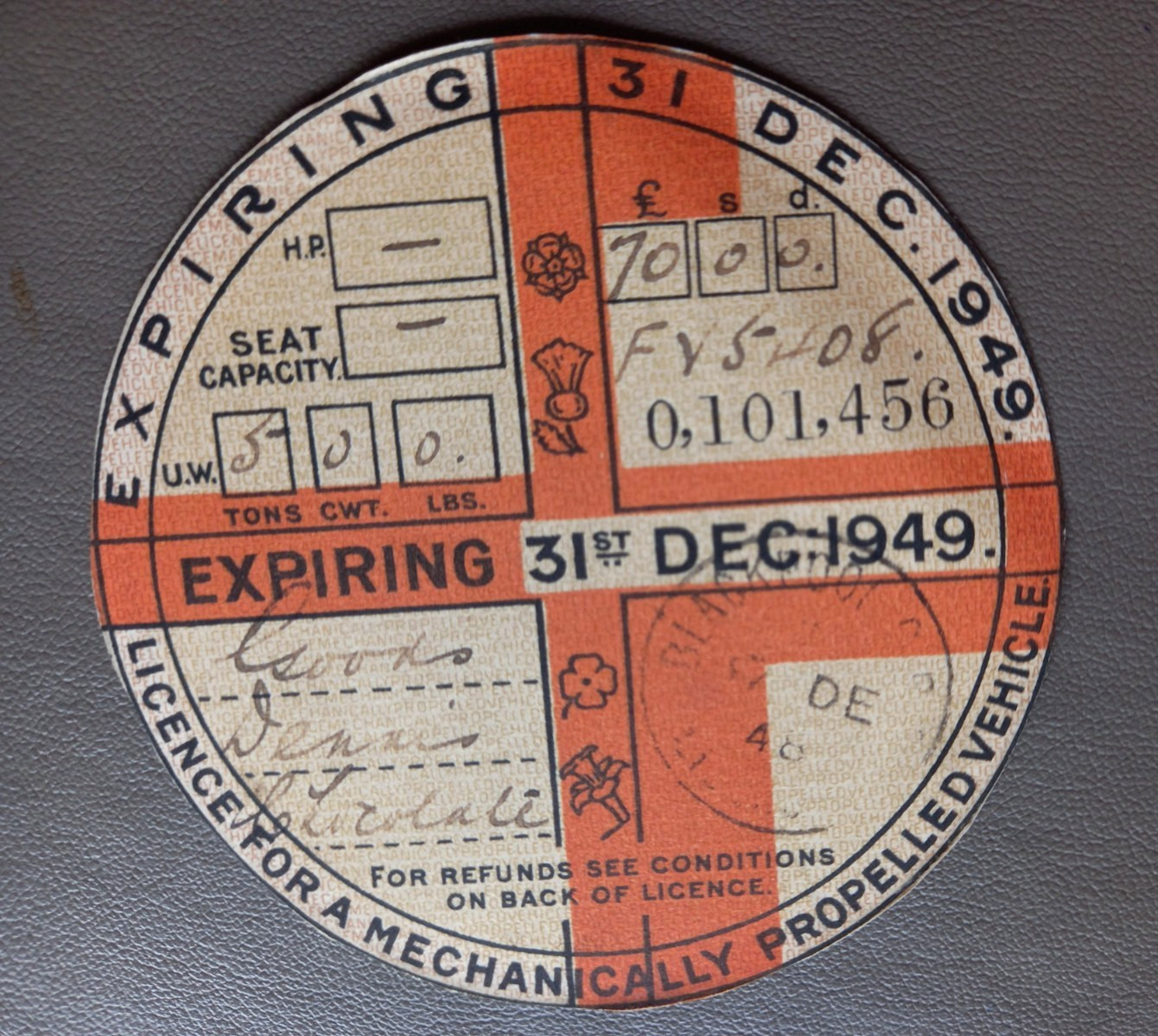 Vintage 1949 British Road Tax Disc – Dennis Lorry Goods Truck FV5408 – Glasgow Vintage 1949 British Road Tax Disc – Dennis Lorry Goods Truck FV5408 – Glasgow