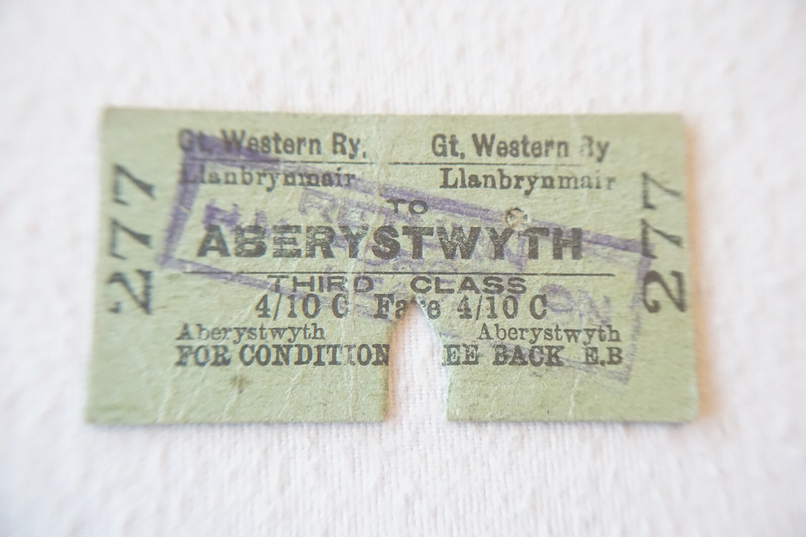 c1940s Llanbrymair to Aberystwyth GWR Railway Train Ticket 
