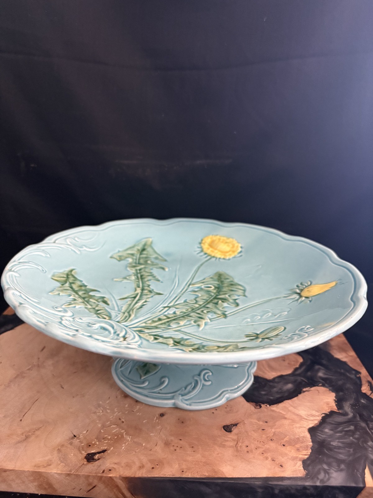 Antique G.S. Zell Baden Germany Majolica Dandelion Pedestal Cake Stand #722C1910 Antique G.S. Zell Baden Germany Majolica Dandelion Pedestal Cake Stand #722C1910