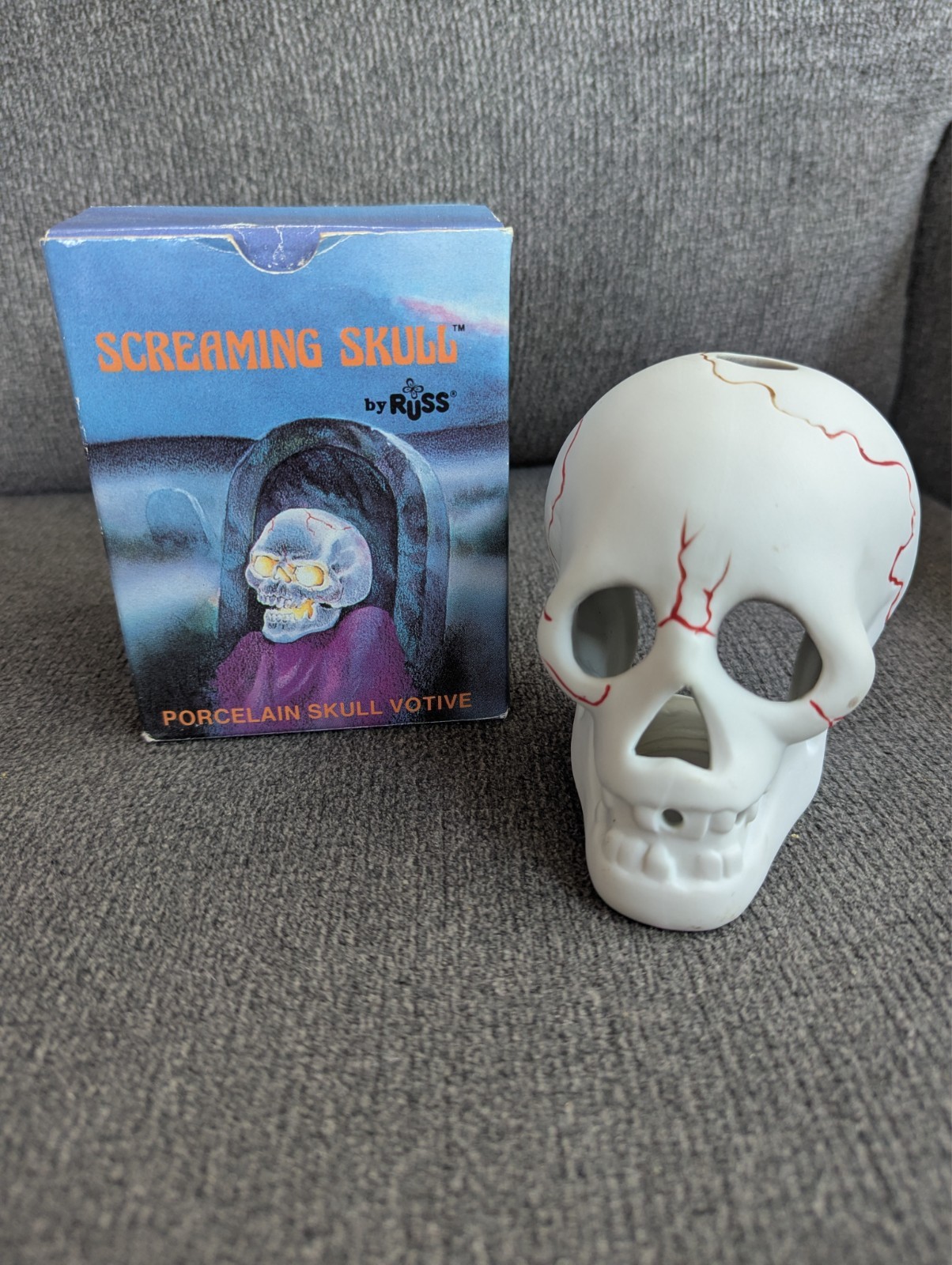 Vintage 1980s Screaming Skull Russ Porcelain Skull Candle Holder w Box Halloween Vintage 1980s Screaming Skull Russ Porcelain Skull Candle Holder w Box Halloween
