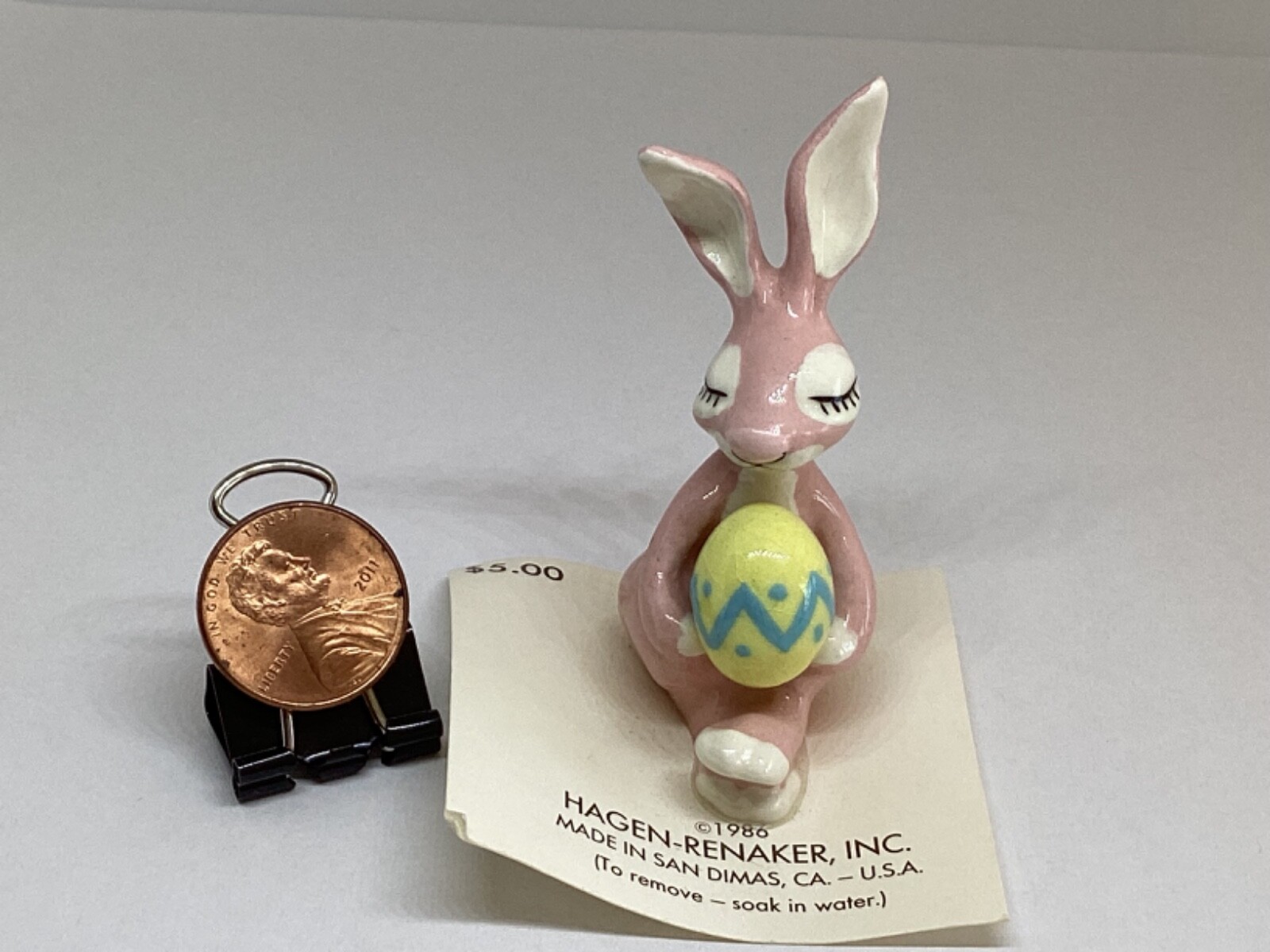 Hagen Renaker Miniature Pink Easter Bunny Rabbit with Egg