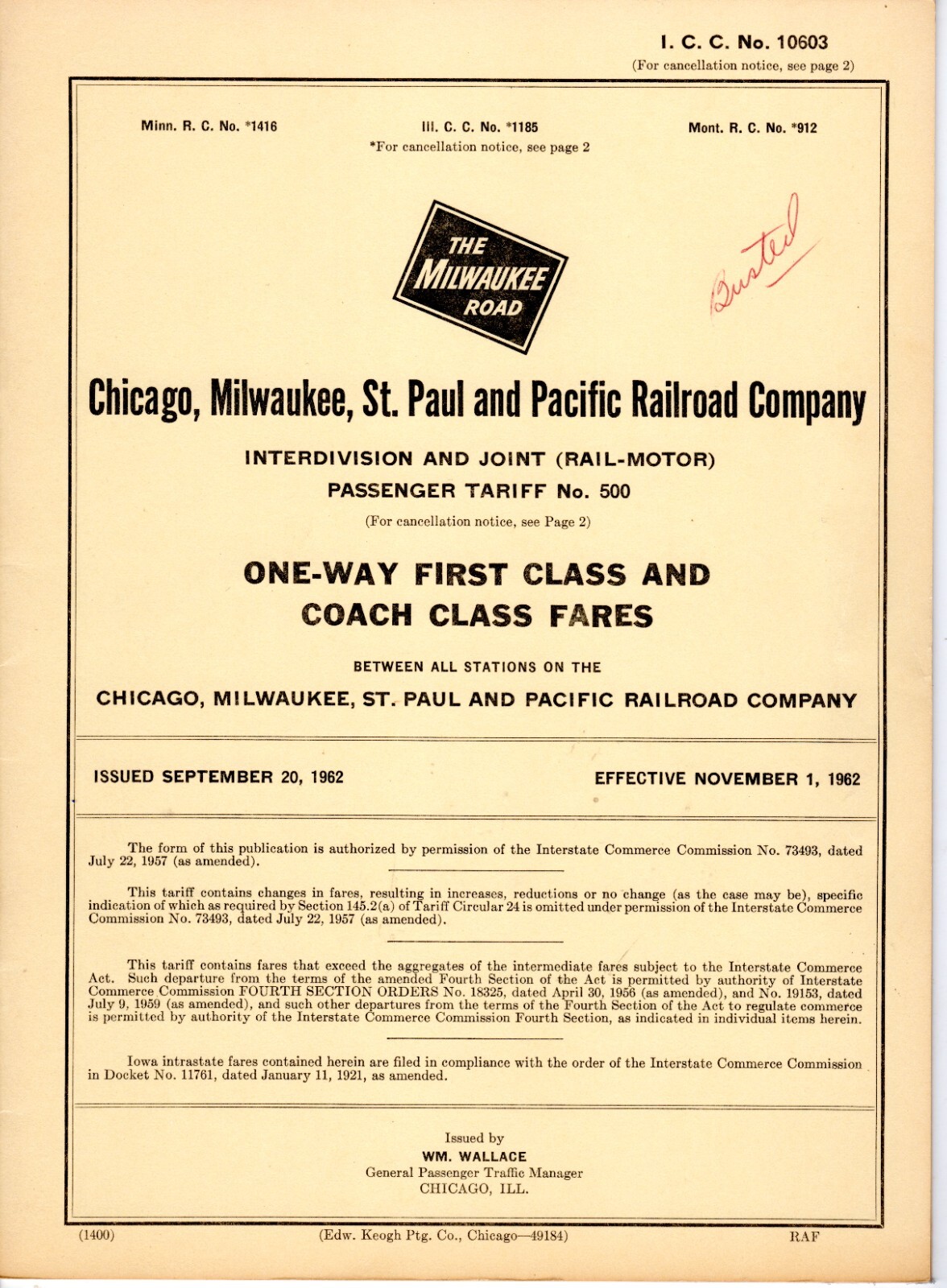 MILWAUKEE ROAD - ONE-WAY FIRST CLASS AND COACH FARES - #500 - 11/1/1962