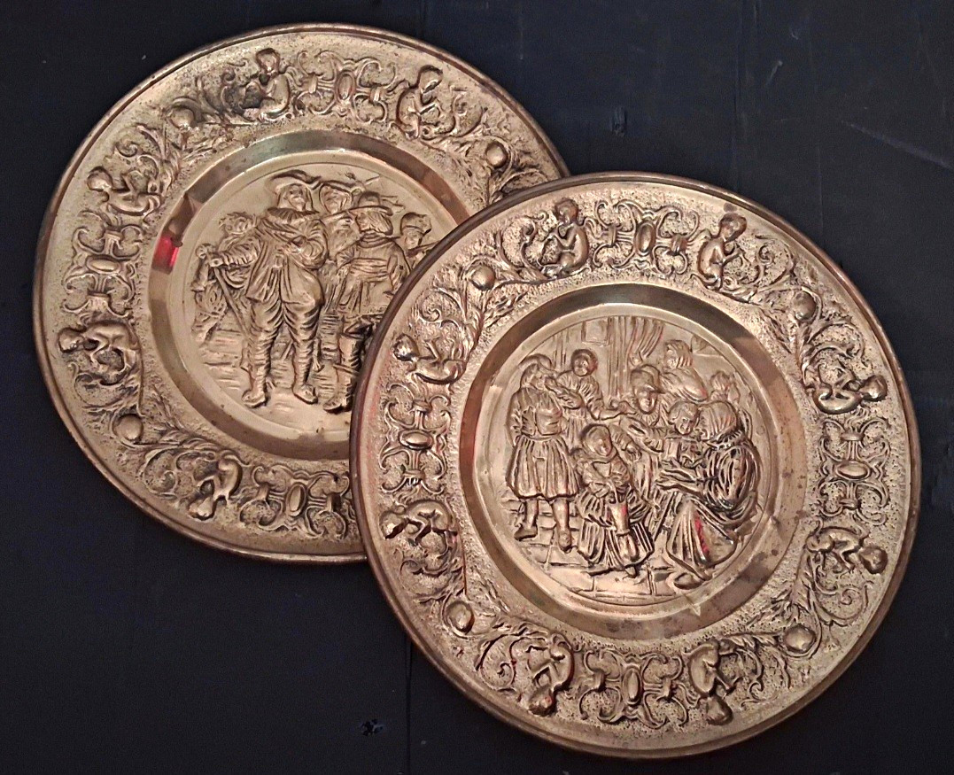 Set of 2 Silver Tone Metal Wall Plaques Raised Figural Scenes w/ Hanging Loops