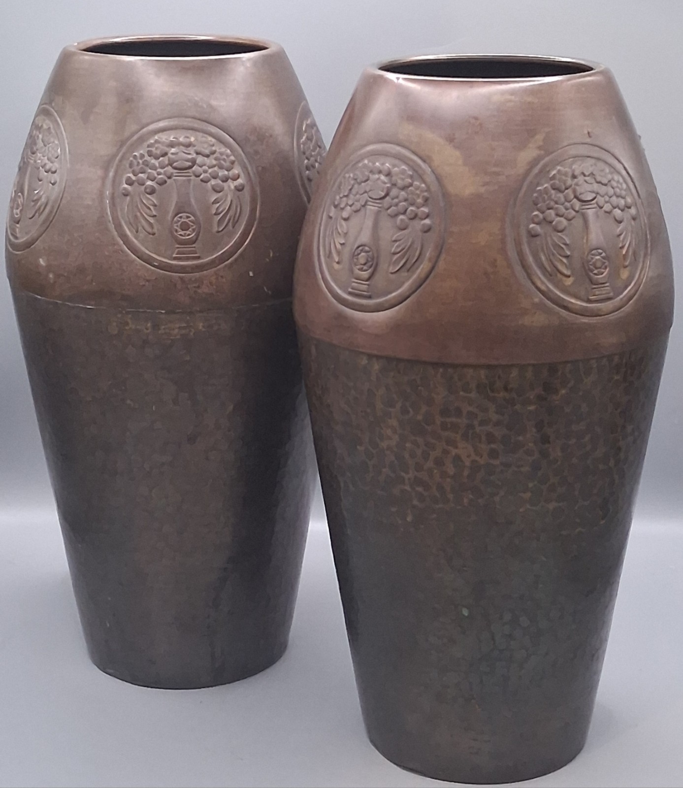Antique WMF Jugendstil Art Nouveau Hammered Brass Copper Vases Pair ~10\