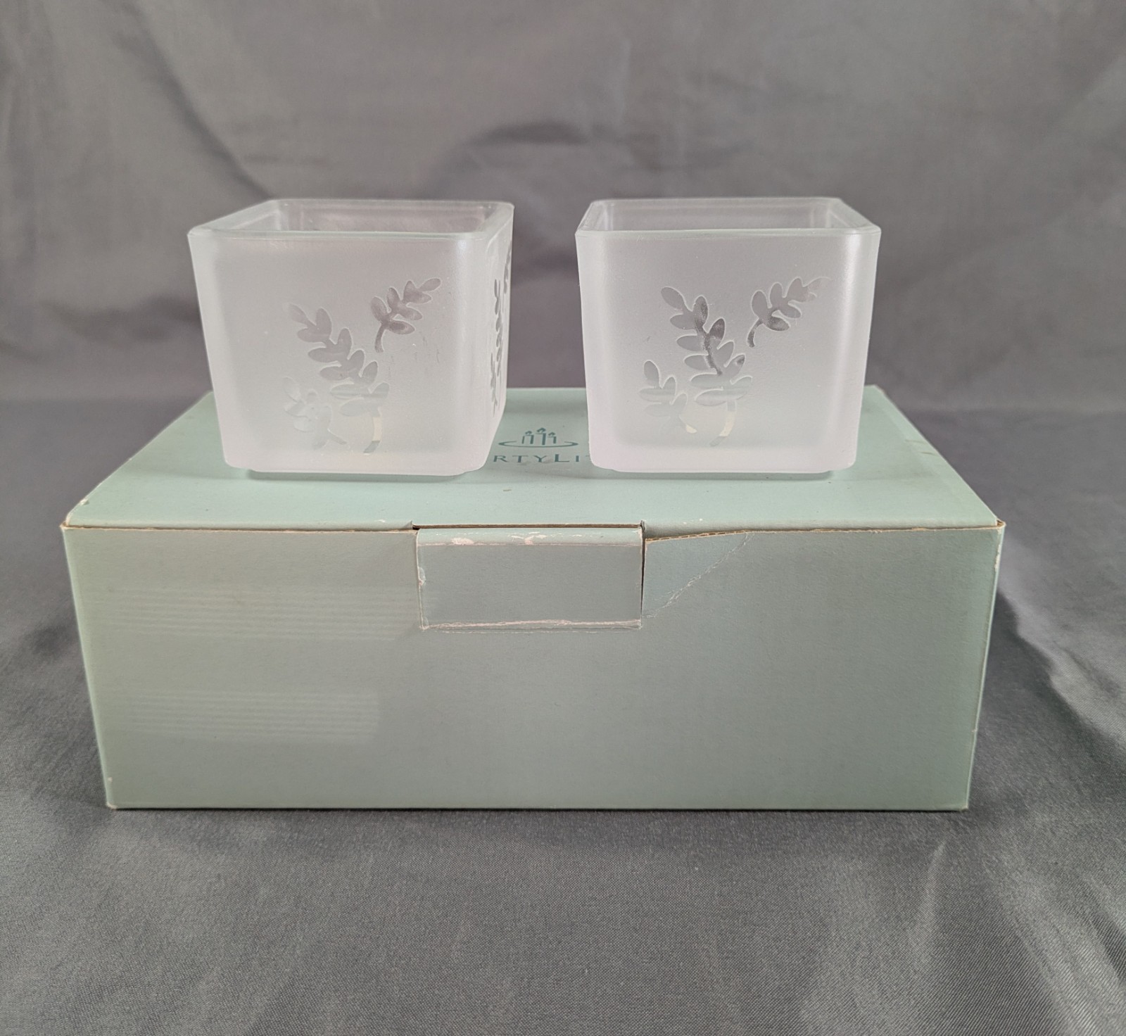 Partylite  SQUARE PAIR Set of 2 Leaf Frosted Votive Candle Holders P7235  2.25\